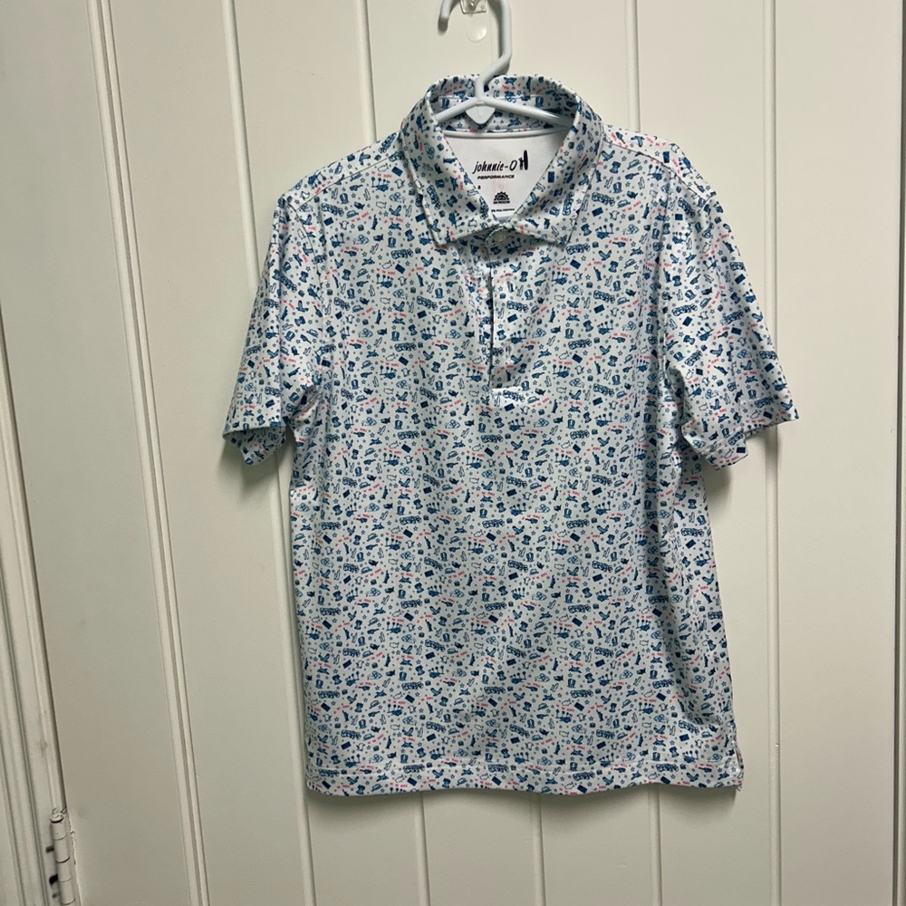 johnnie-O White Polo with Blue and Pink Americana print